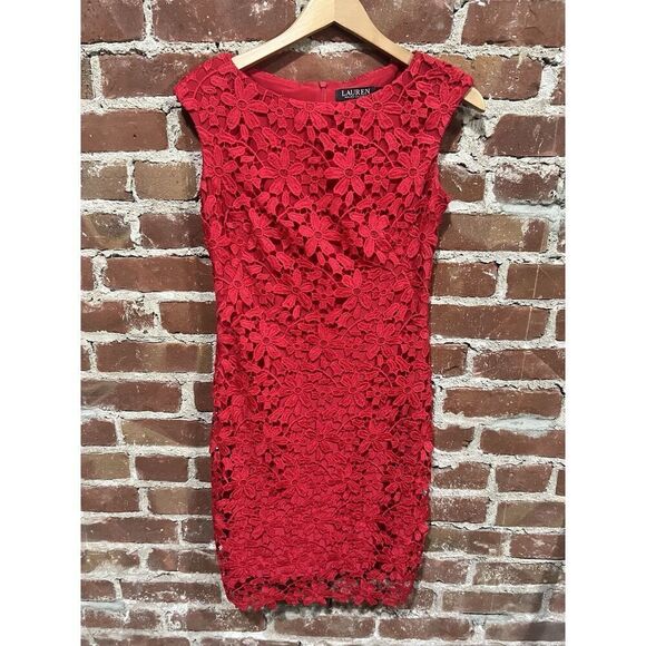 Ralph Lauren Dresses & Skirts - Lauren Ralph Lauren Hot Pink Floral Lace Overlay Sheath Dress Size 2 Womens